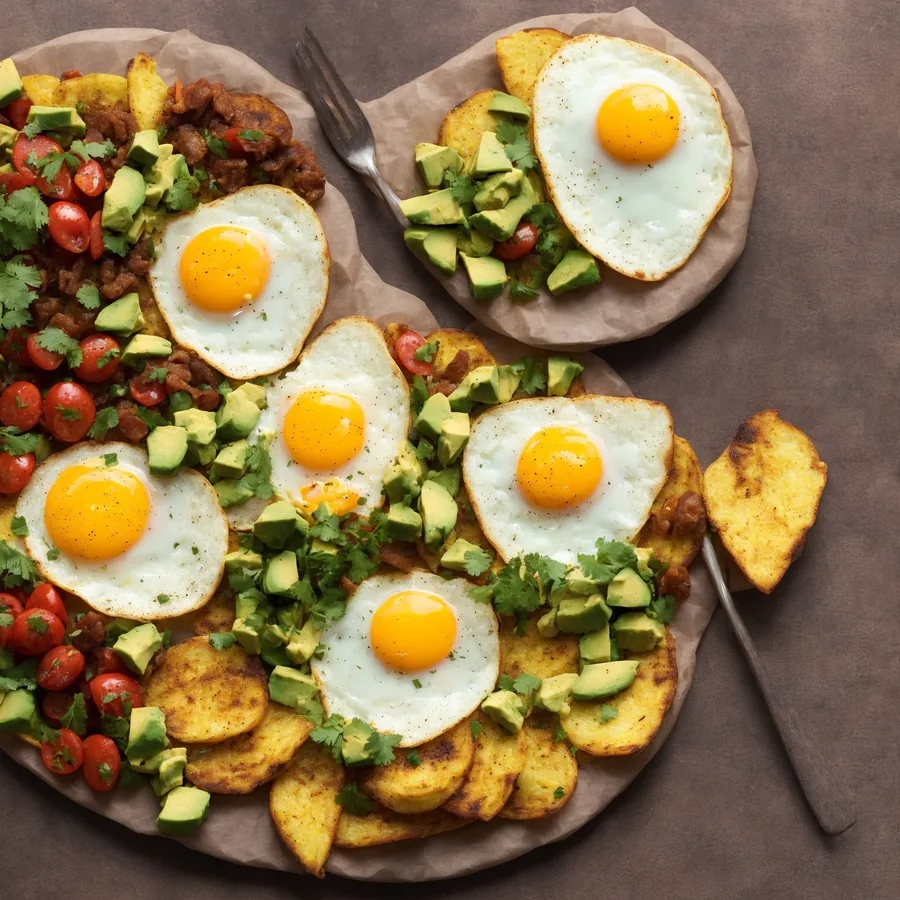Brunch spread with sunny-side eggs, potatoes, avocado, and tomatoes