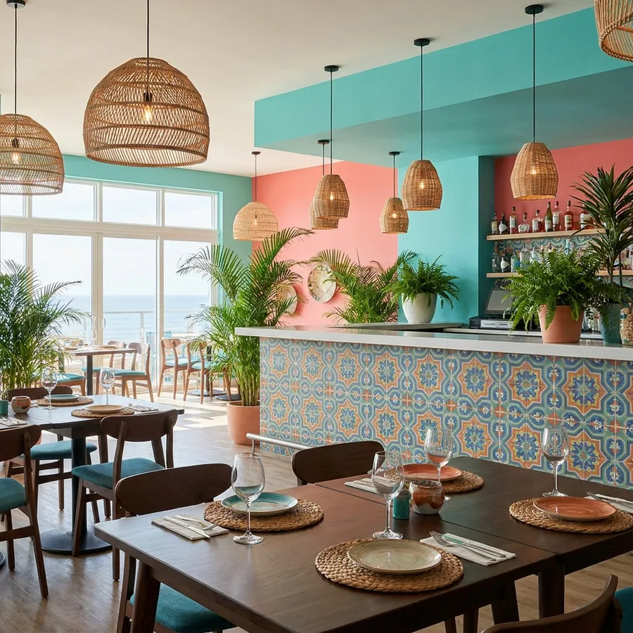 Warm restaurant dining room with wood tables, hanging lights, and greenery