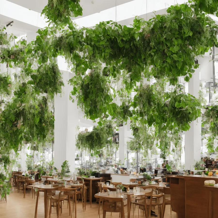 Welcoming restaurant interior with warm wood and greenery