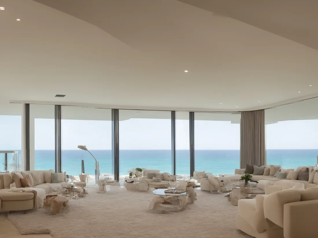 Bright luxury living room with expansive windows and soft neutral furnishings