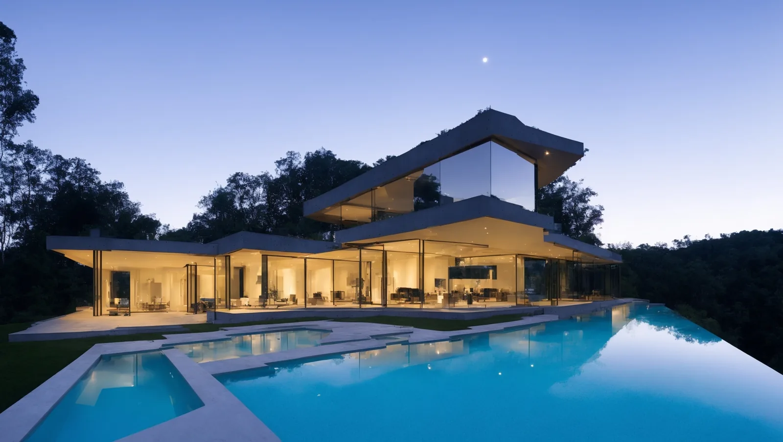 Modern waterfront mansion glowing at twilight beside an infinity pool
