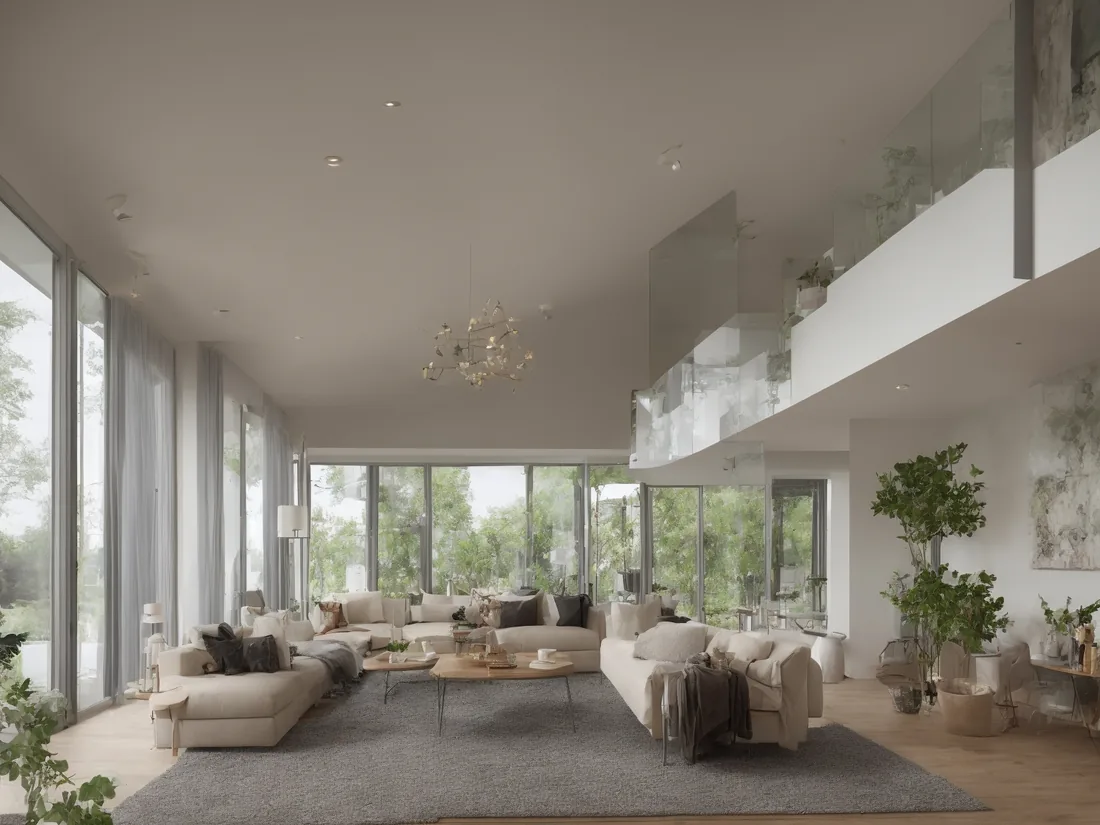 Airy luxury living room with cream seating and floor-to-ceiling windows