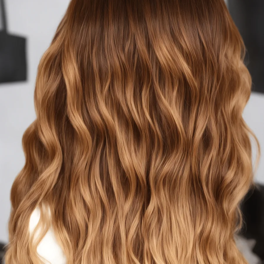 Close-up of glossy, softly styled balayage hair