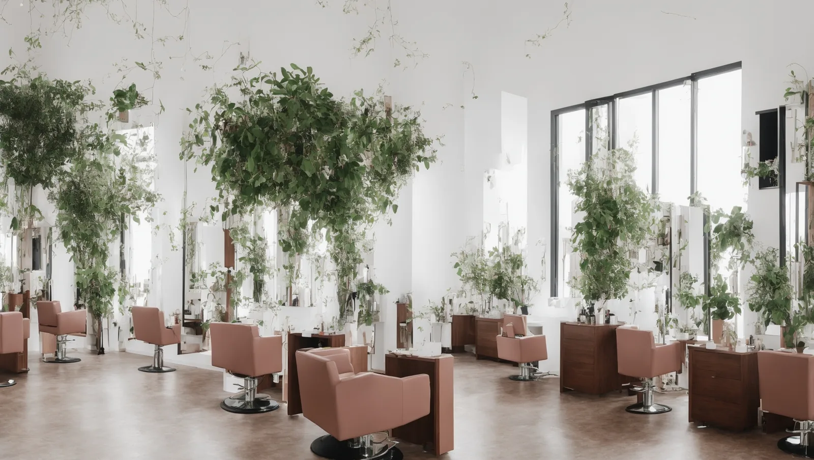 Bright upscale salon interior with blush styling chairs, hanging greenery, and large sunlit windows