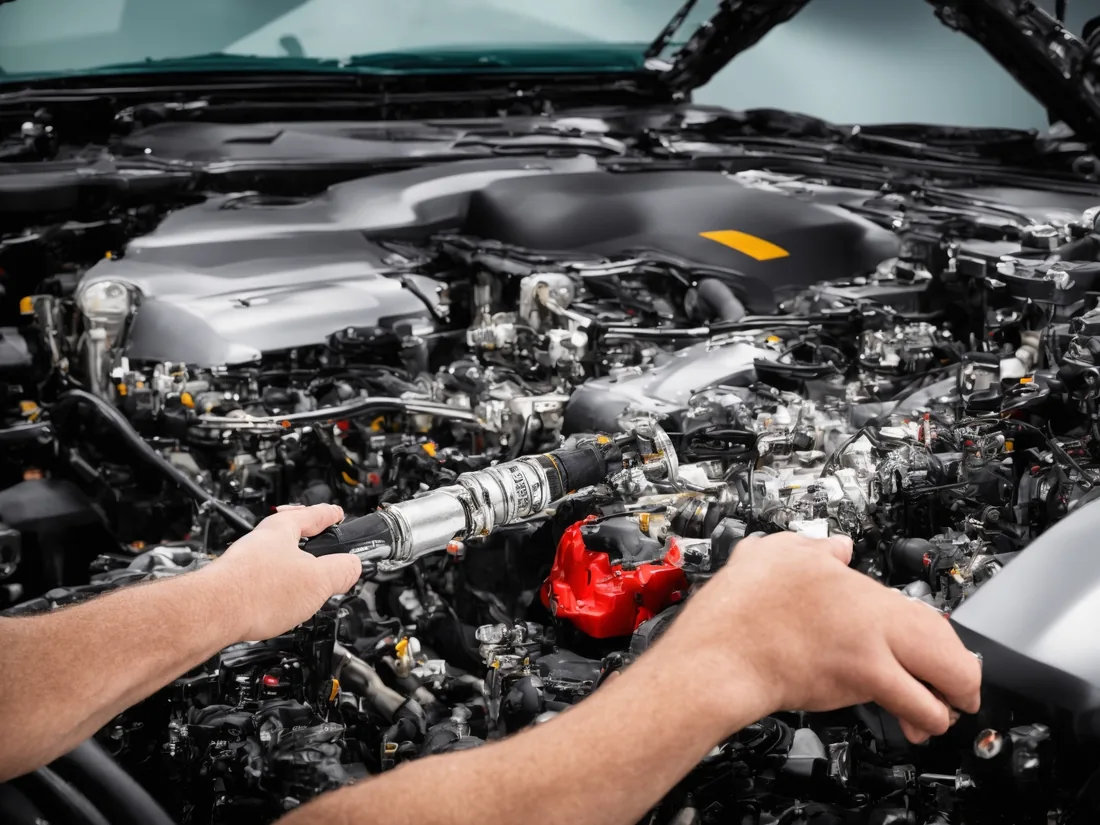 Mechanic using a torque wrench while working inside an engine bay