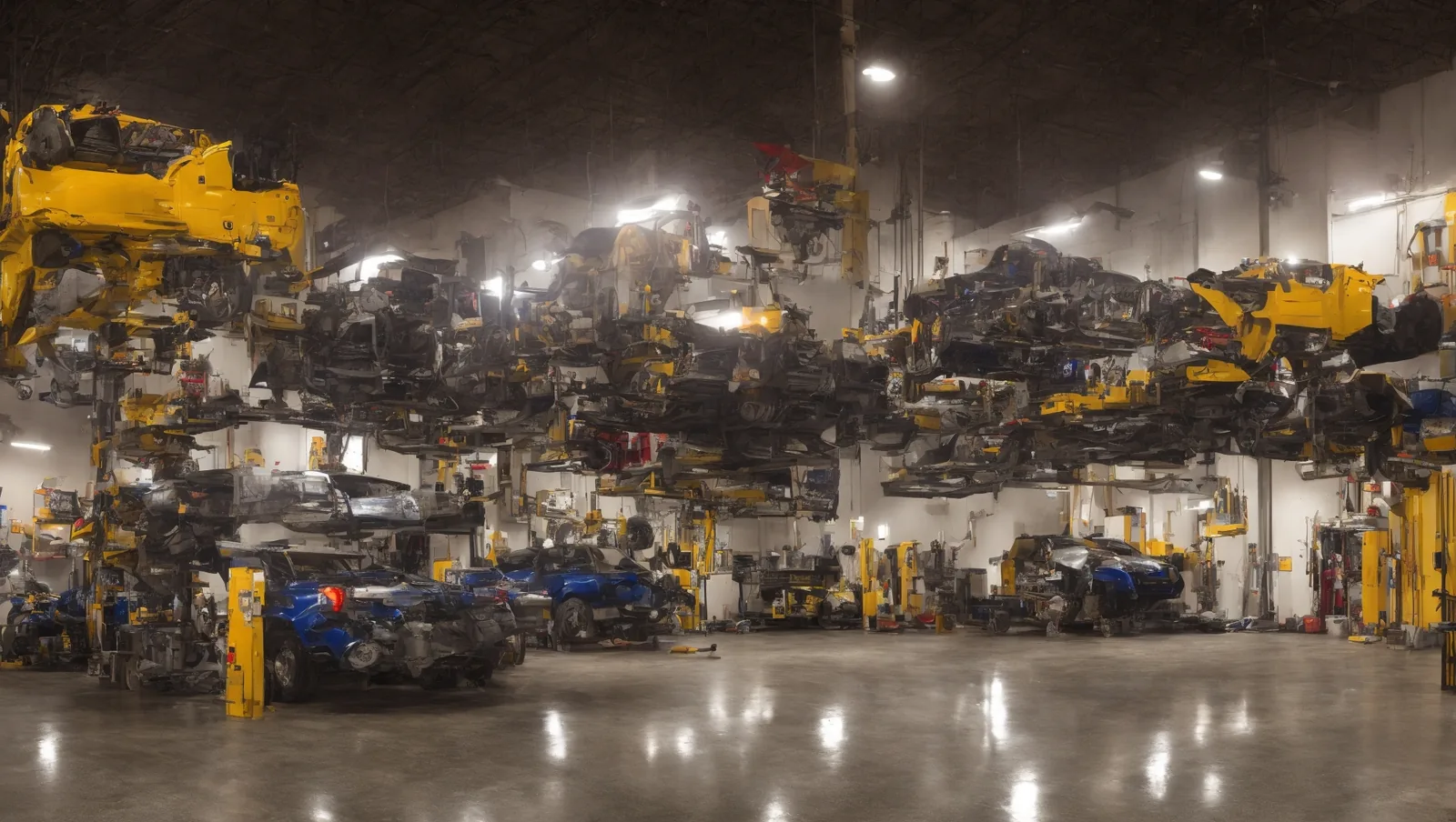 Professional auto repair shop interior with vehicles raised on service lifts