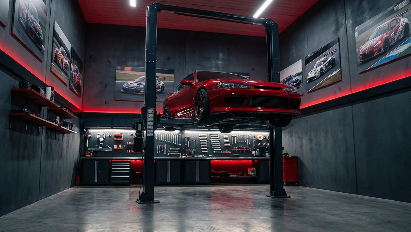 Performance car inside a professional tuning workshop