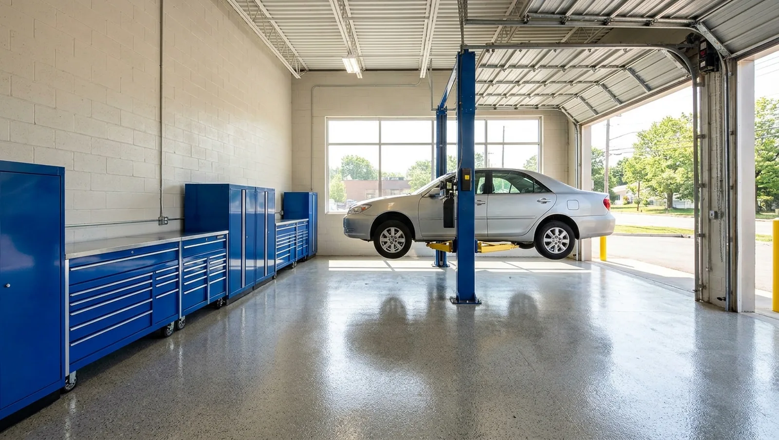 Bright, organized neighborhood auto repair shop with a car on a lift