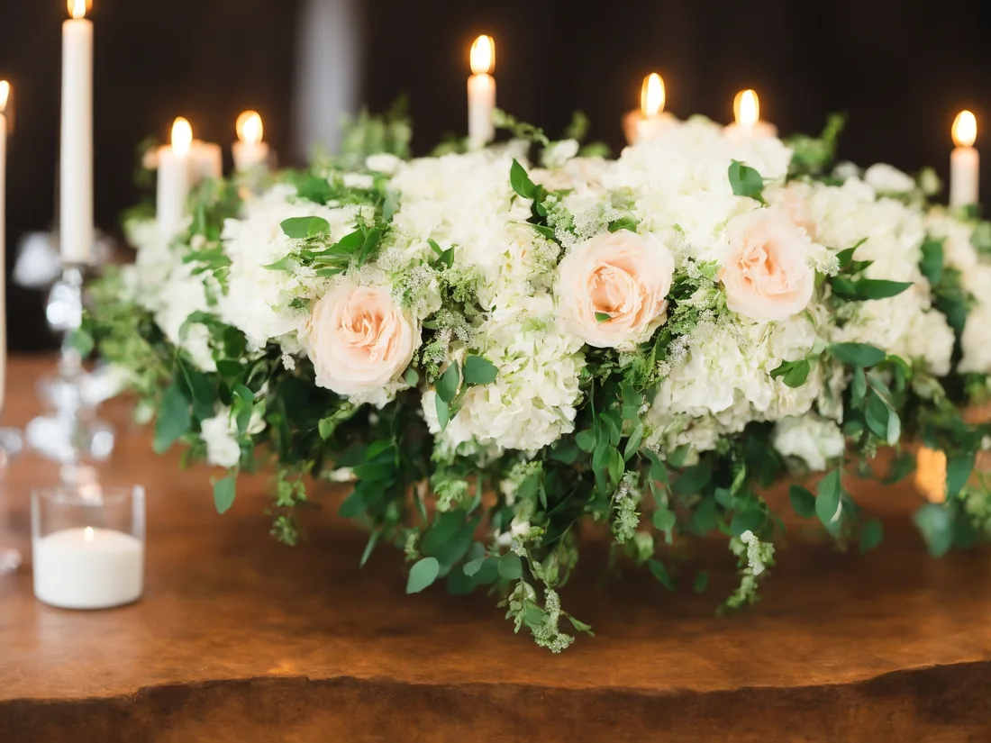 White and blush floral wedding centerpiece surrounded by glowing taper candles